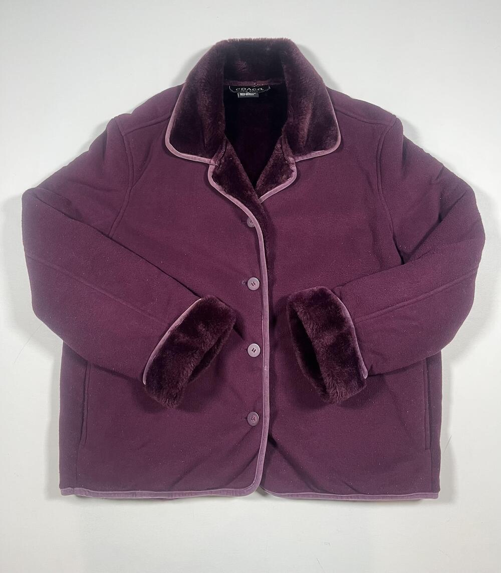 Coaco Jacket Womens Small Purple Faux Fur Lined Button Front Fleece Warm Russia